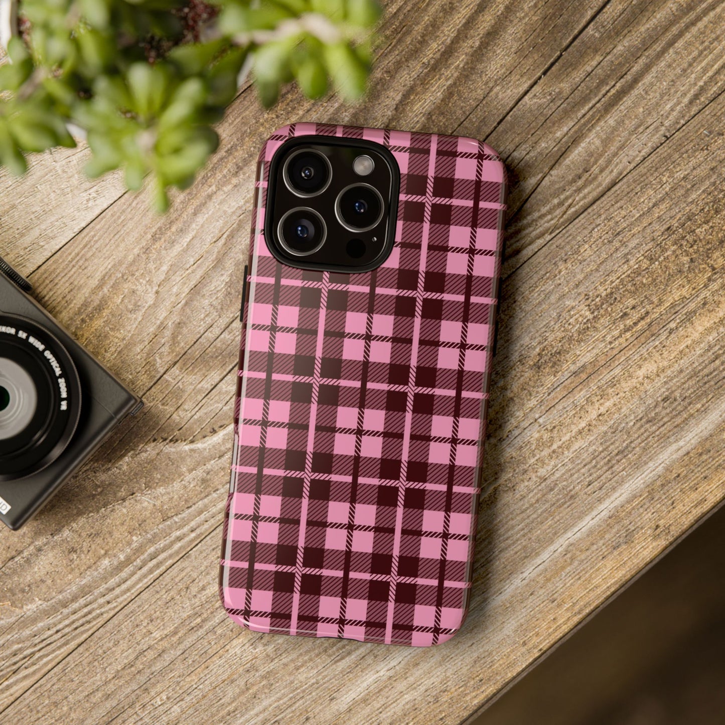 Cute pink purple plaid iPhone tough case with girly preppy tartan aesthetic design