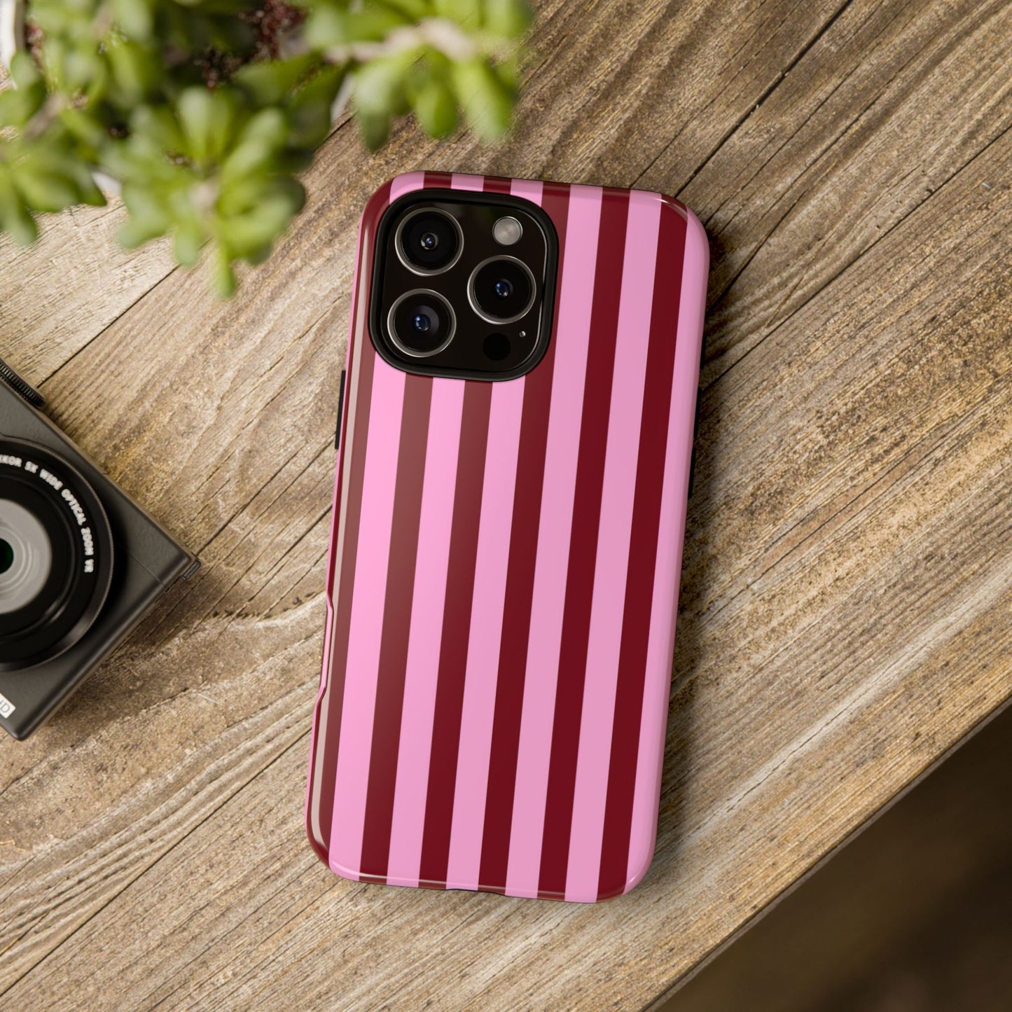 Pink & Burgundy Striped iPhone Tough Case - Bold Preppy Girly Aesthetic