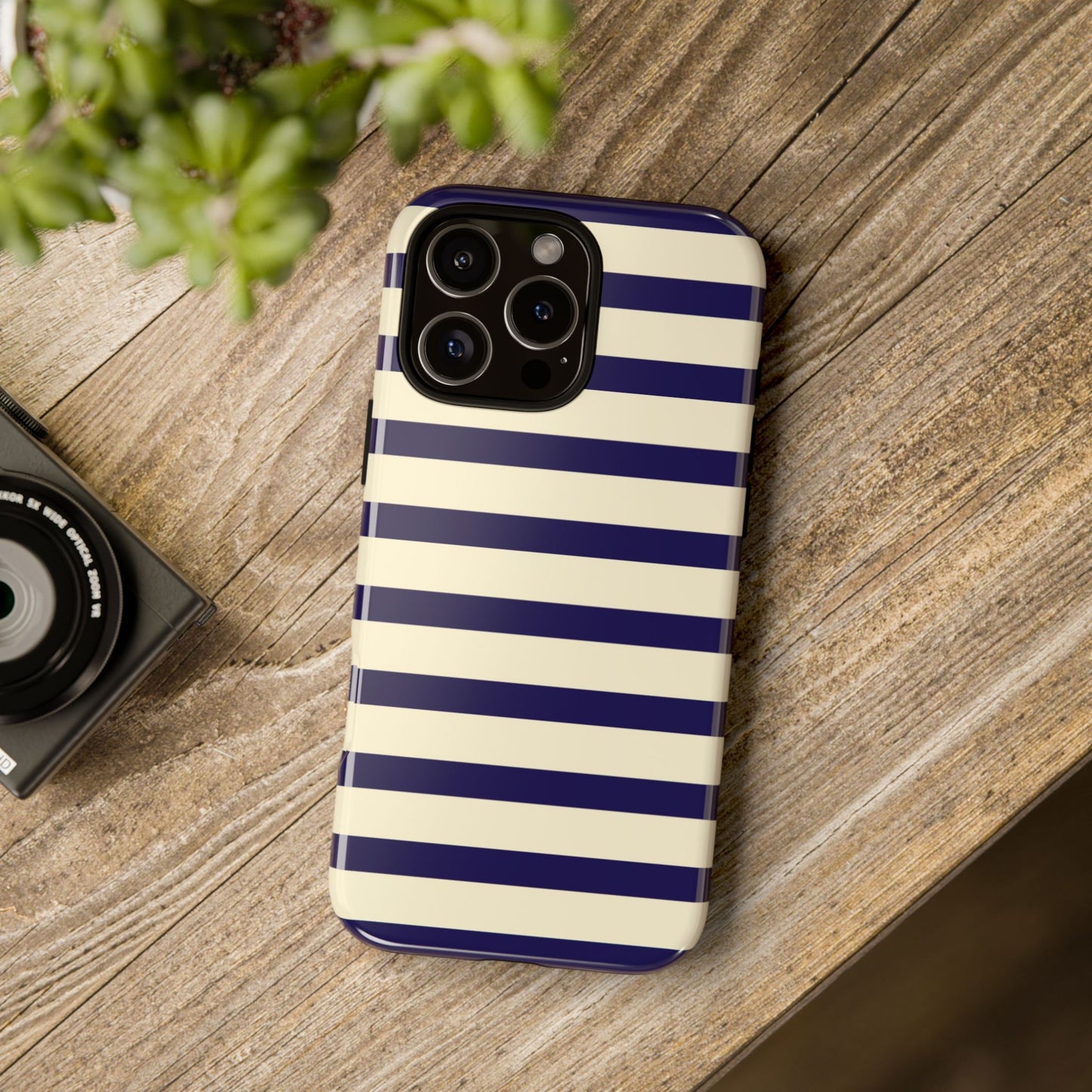 Navy Blue & Cream Striped iPhone Tough Case - Classic Preppy Nautical Aesthetic