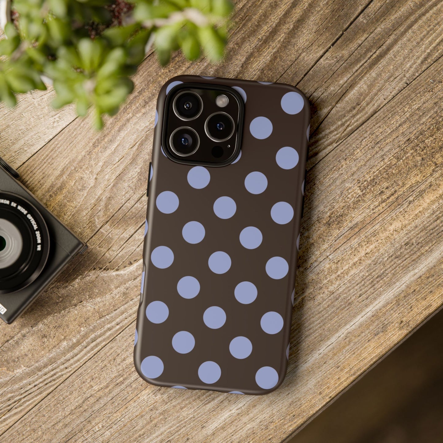 Brown & Light Blue Polka Dot iPhone Tough Case - Cute Preppy Retro Aesthetic