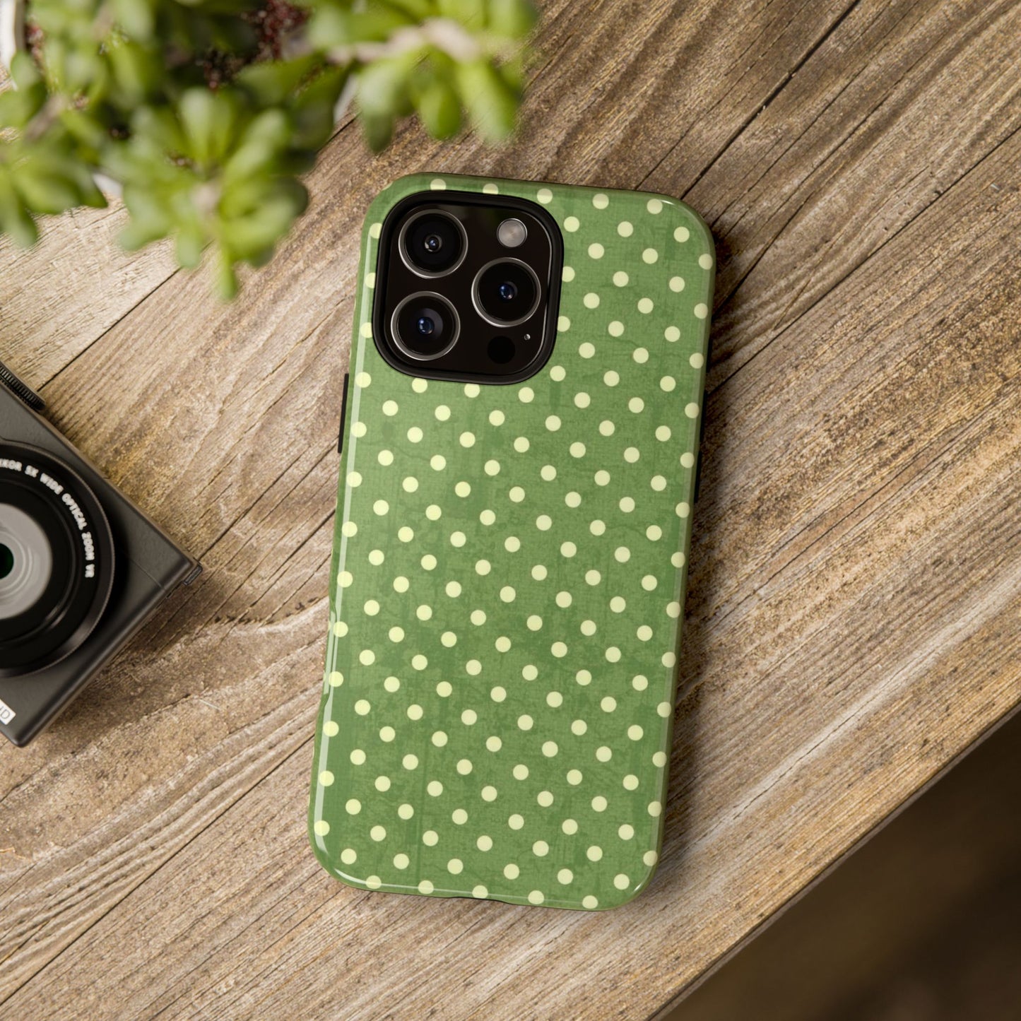 Sage green iPhone tough case with cream polka dots – cute vintage cottagecore aesthetic on iPhone Pro model
