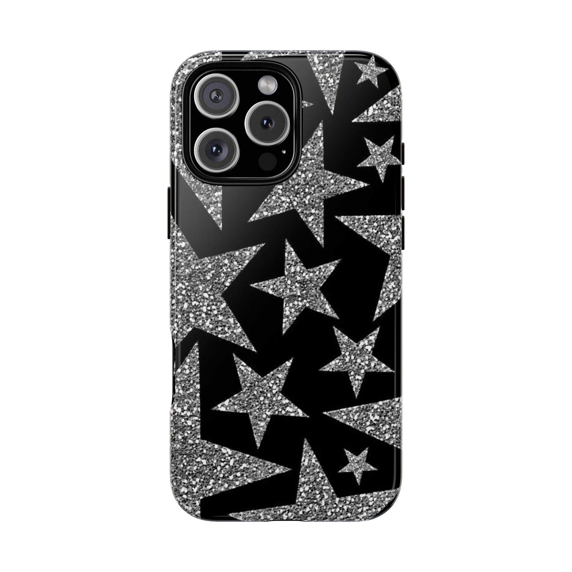 Silver glitter iPhone tough case with bold black stars – glam rock Y2K aesthetic on iPhone Pro model

