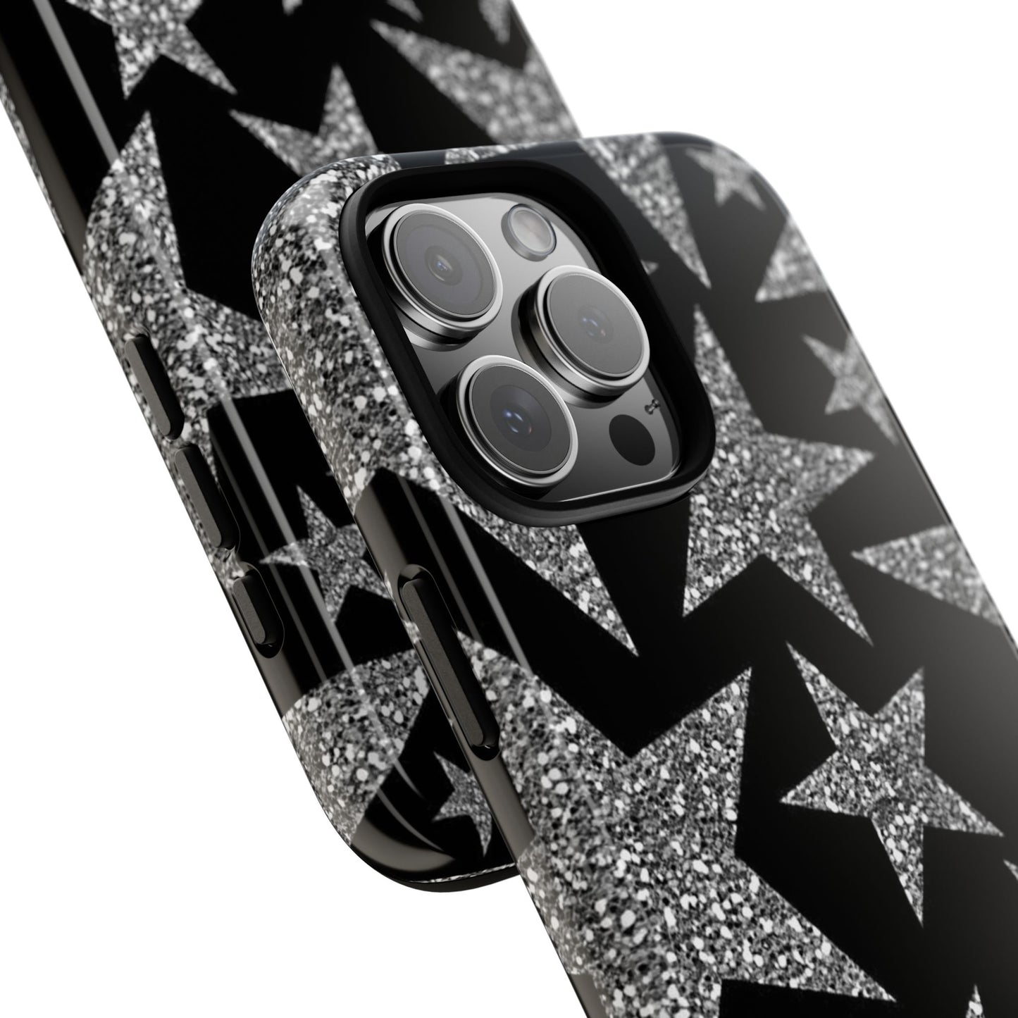 Silver Glitter Black Stars iPhone Tough Case - Glam Rock Y2K Aesthetic