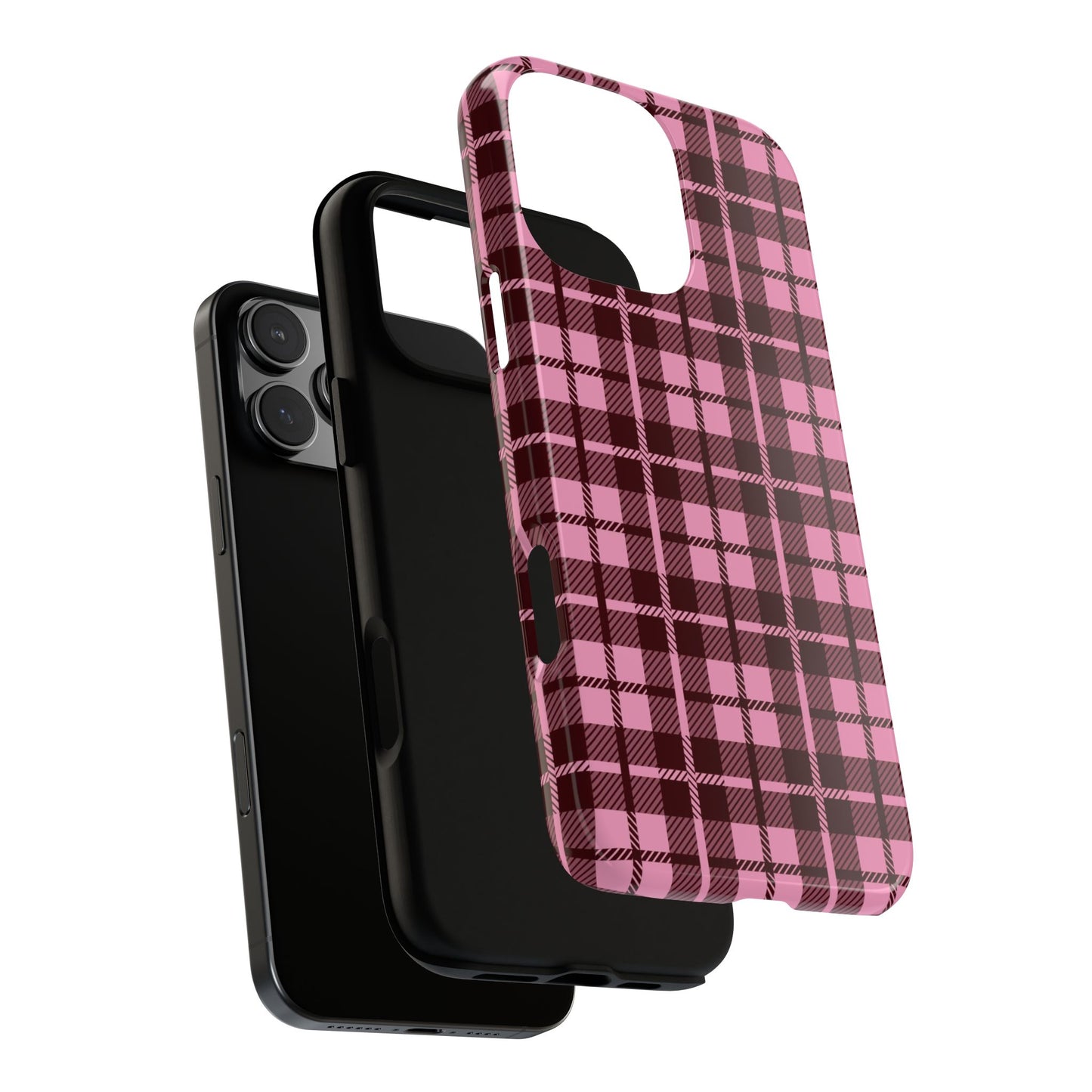 Cute pink purple plaid iPhone tough case with girly preppy tartan aesthetic design
