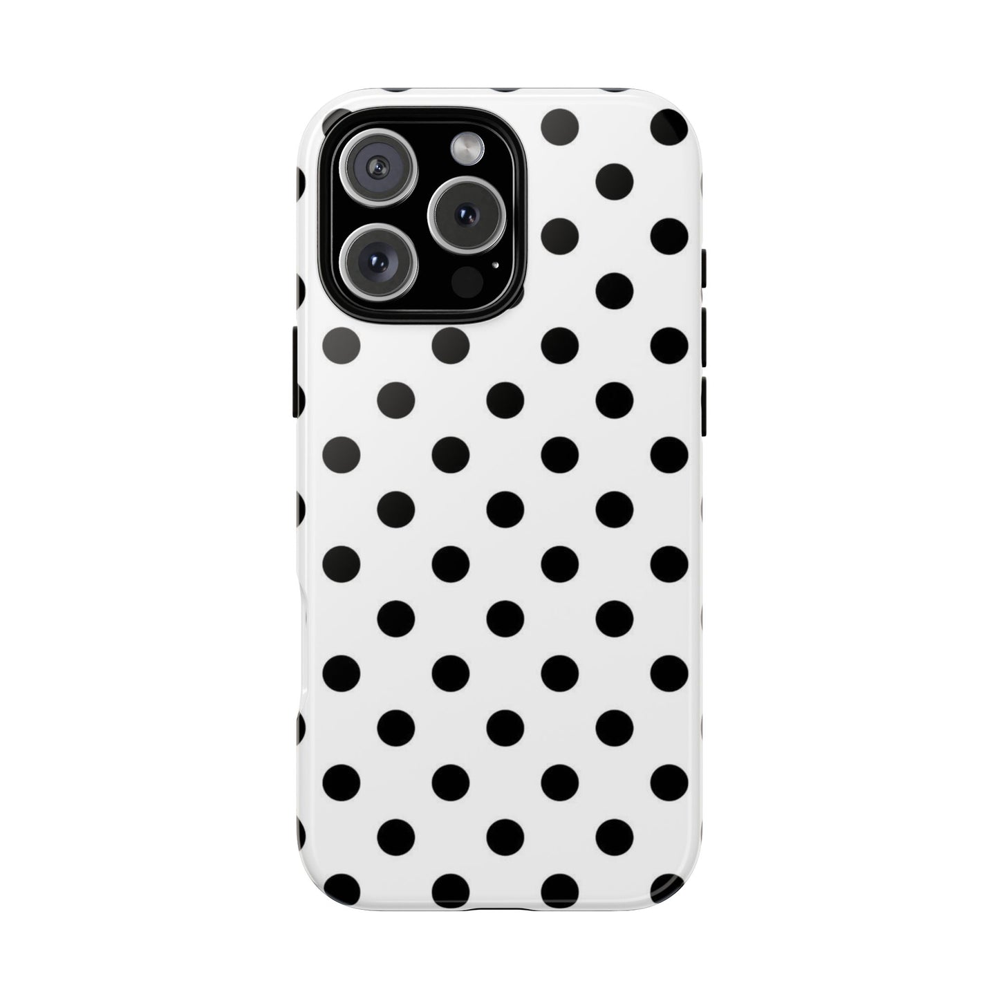 Classic black and white polka dot iPhone tough case with retro chic aesthetic on iPhone Pro model
