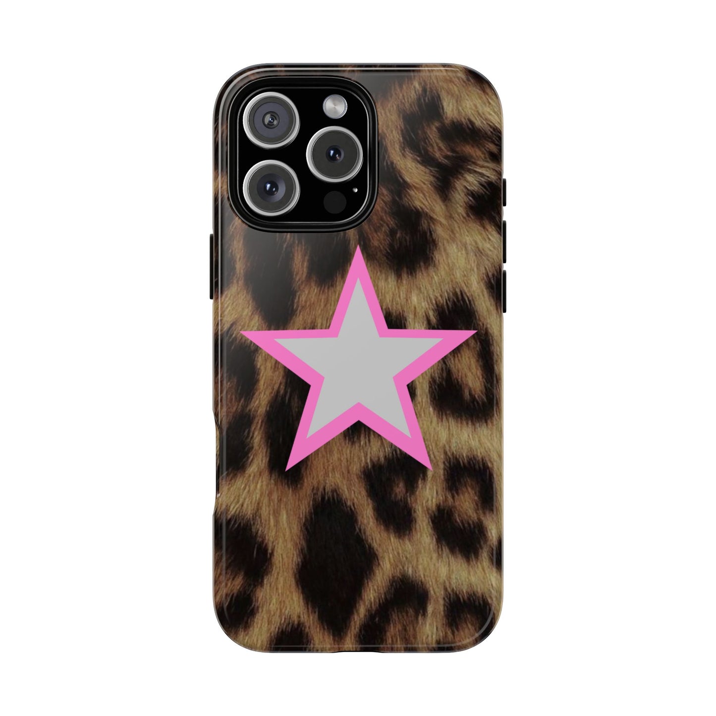 Leopard cheetah print iPhone tough case with pink outlined silver star – wild Y2K aesthetic on iPhone Pro model

