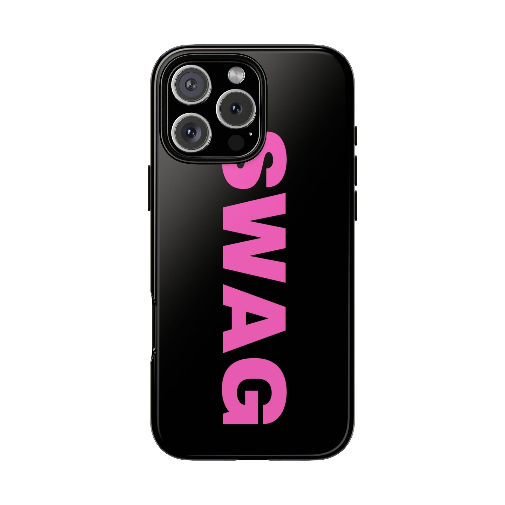 Black iPhone tough case with bold hot pink “SWAG” text – Y2K sassy aesthetic on iPhone Pro model

