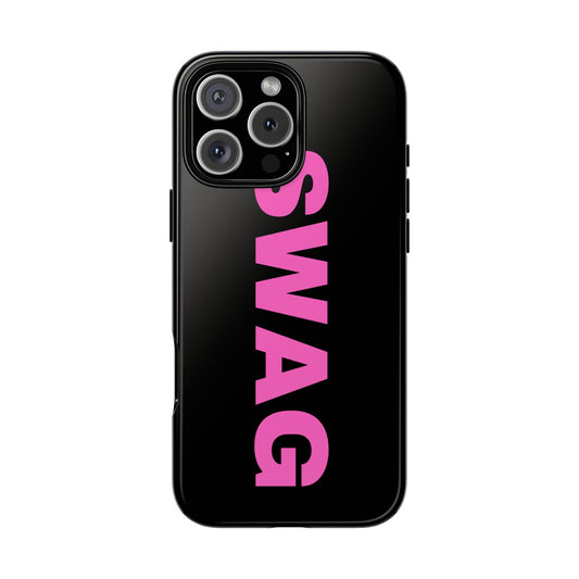 Black iPhone tough case with bold hot pink “SWAG” text – Y2K sassy aesthetic on iPhone Pro model

