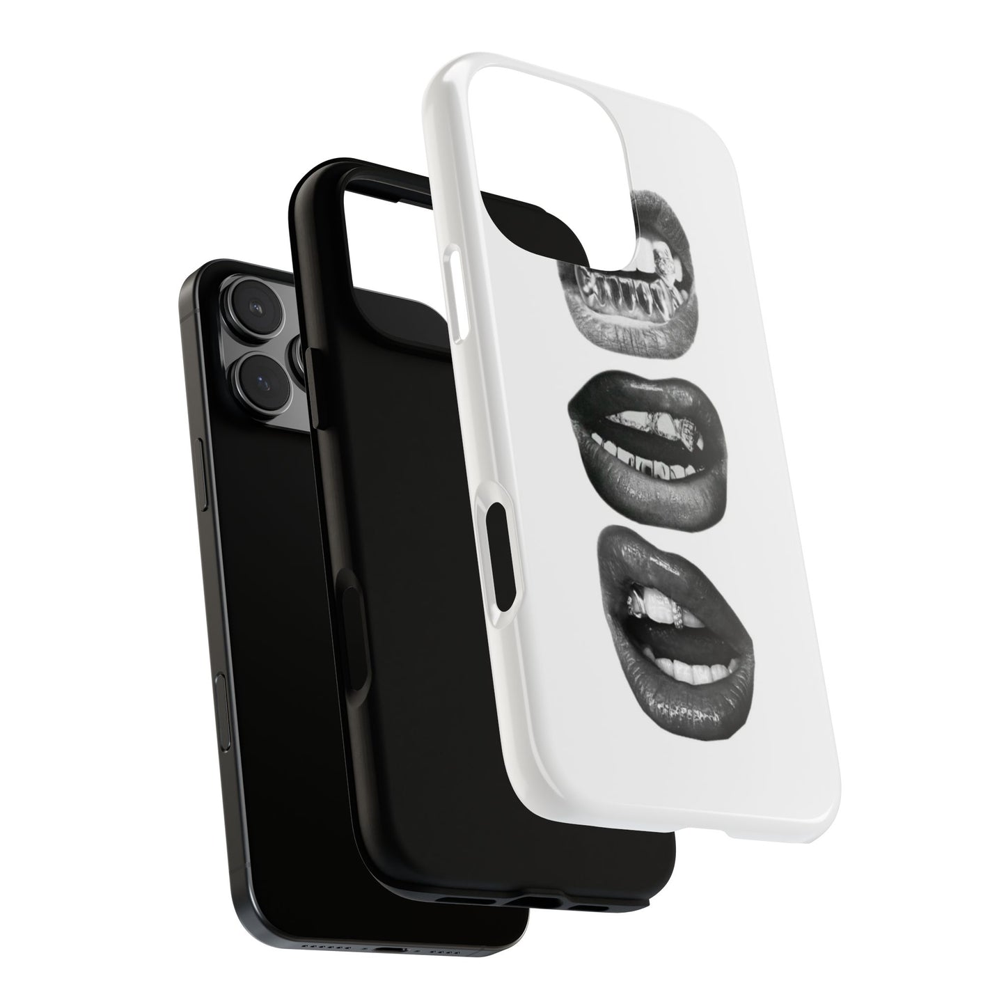Edgy bite me grillz lips iPhone tough case with stacked black glossy lips biting and silver teeth grills Y2K aesthetic
