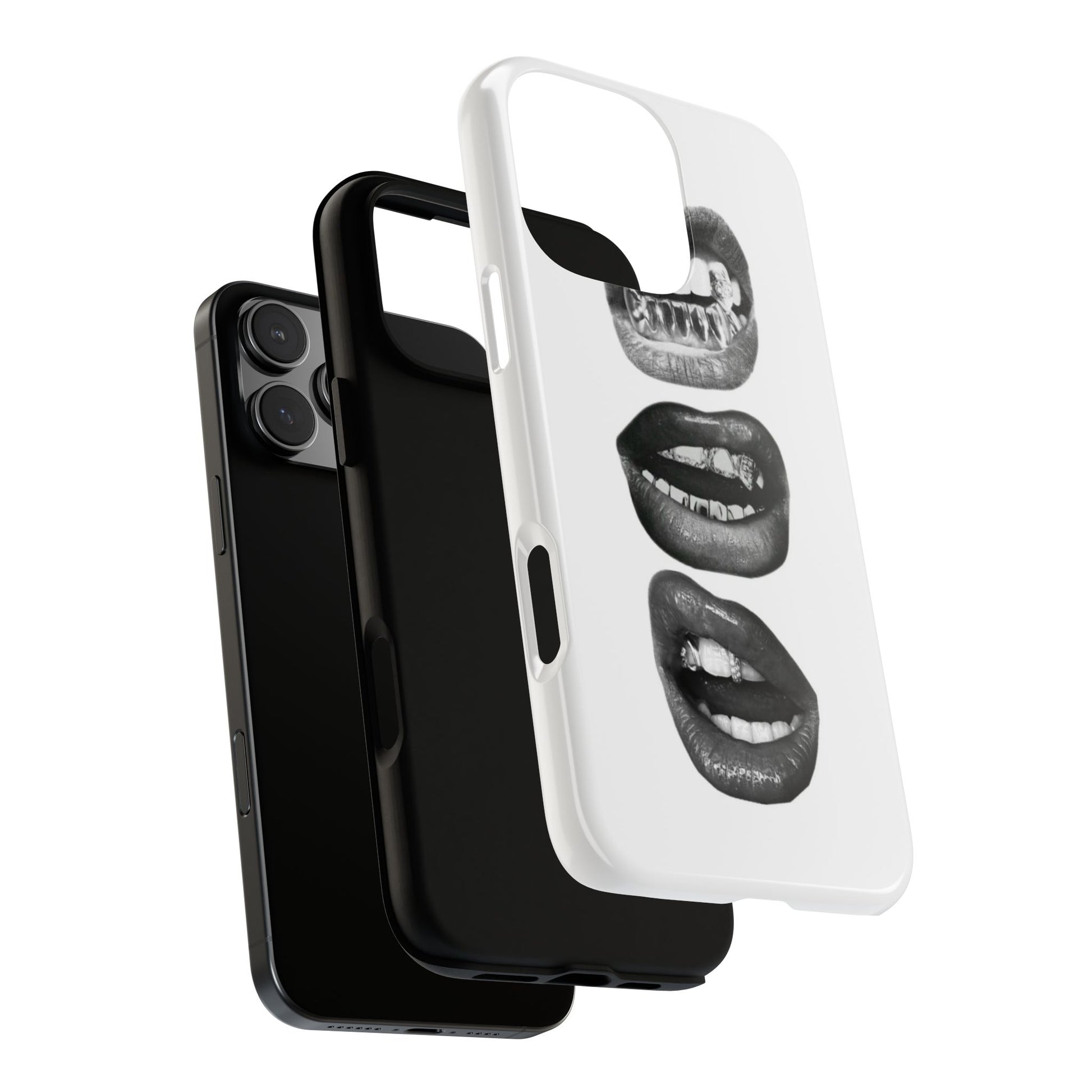 Edgy bite me grillz lips iPhone tough case with stacked black glossy lips biting and silver teeth grills Y2K aesthetic
