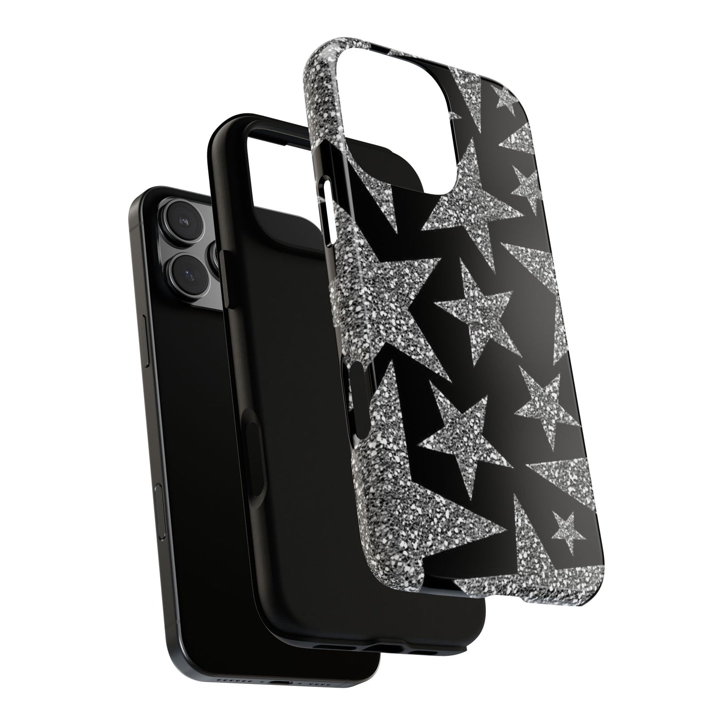 Silver Glitter Black Stars iPhone Tough Case - Glam Rock Y2K Aesthetic