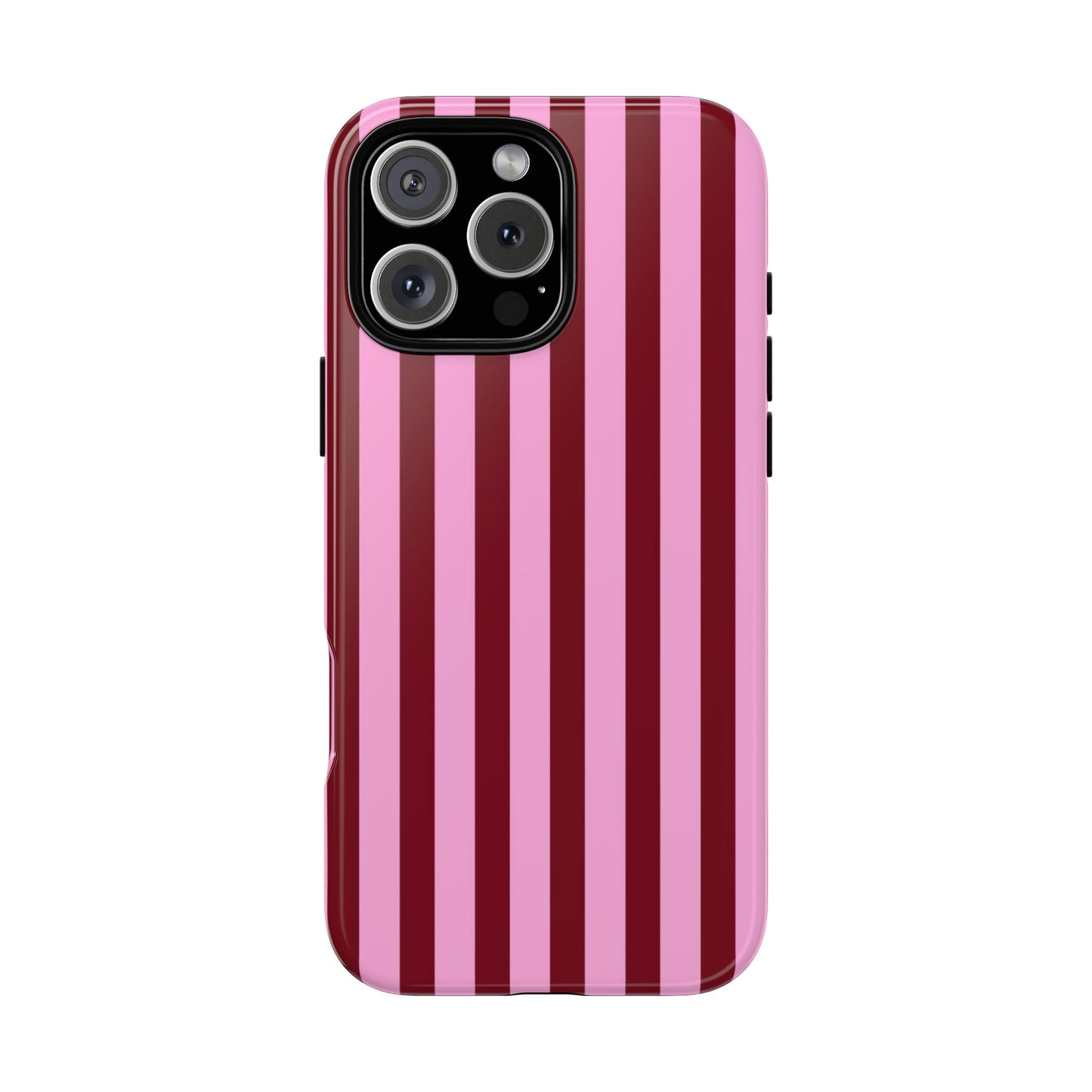 Pink and burgundy vertical striped iPhone tough case with bold preppy girly aesthetic on iPhone Pro model


