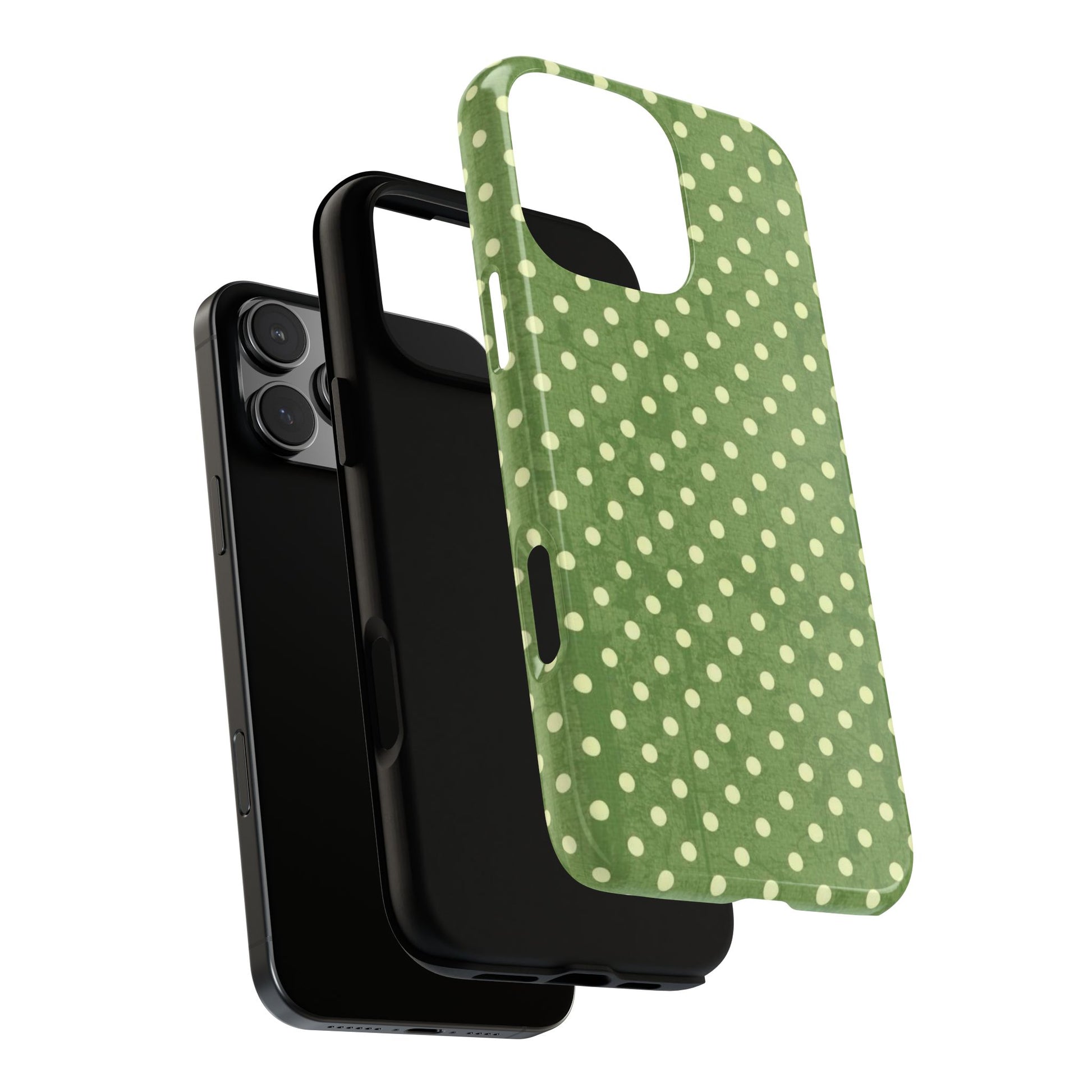 Sage green iPhone tough case with cream polka dots – cute vintage cottagecore aesthetic on iPhone Pro model
