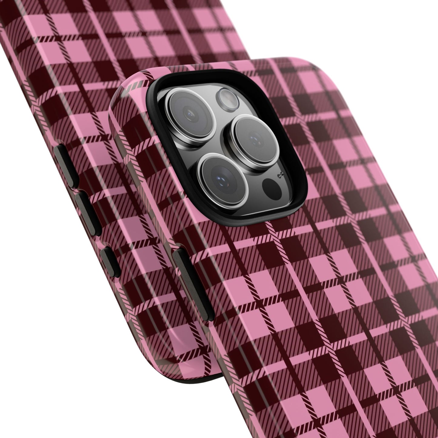 Cute pink purple plaid iPhone tough case with girly preppy tartan aesthetic design