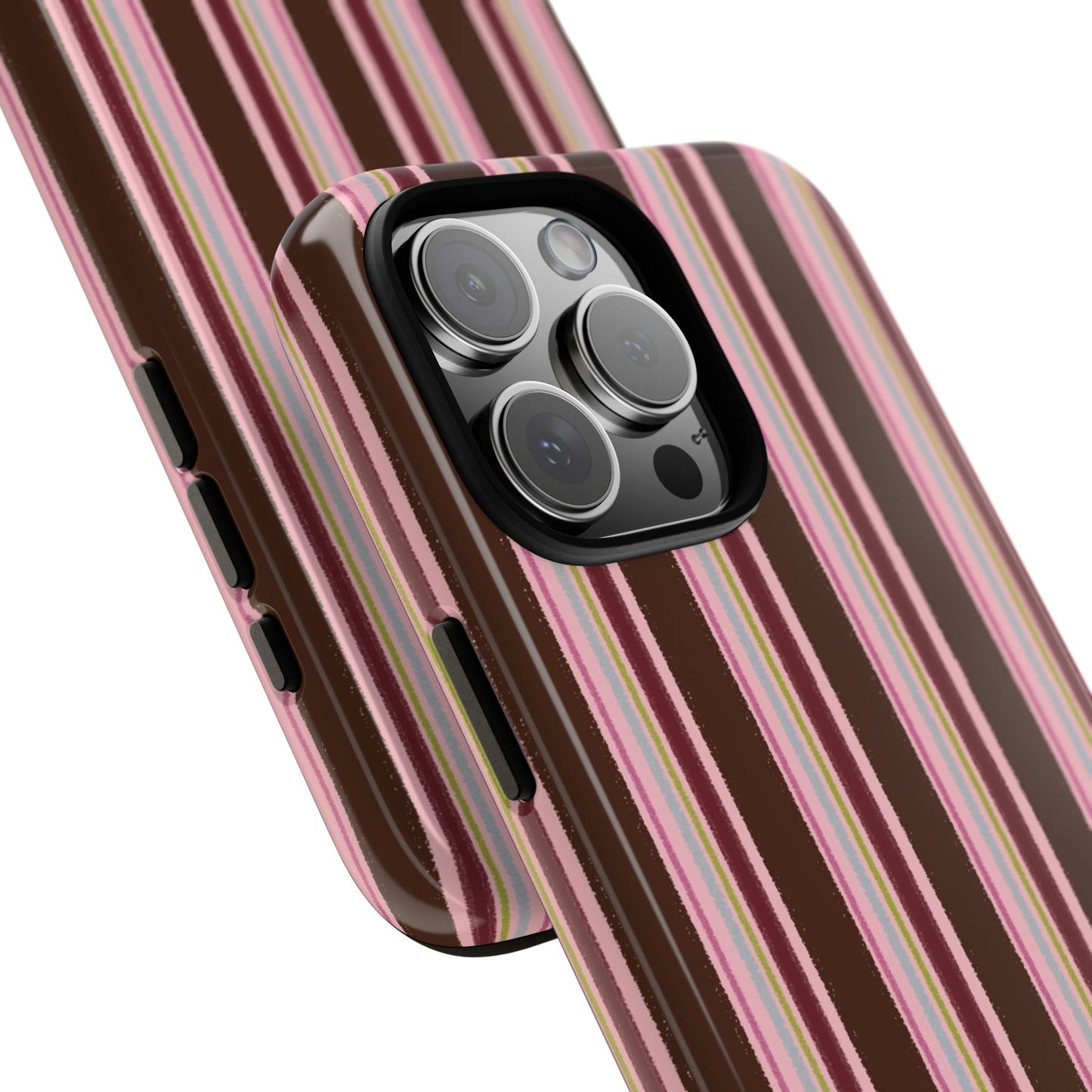 Brown and pink vertical striped iPhone tough case with retro vintage aesthetic on iPhone Pro model
