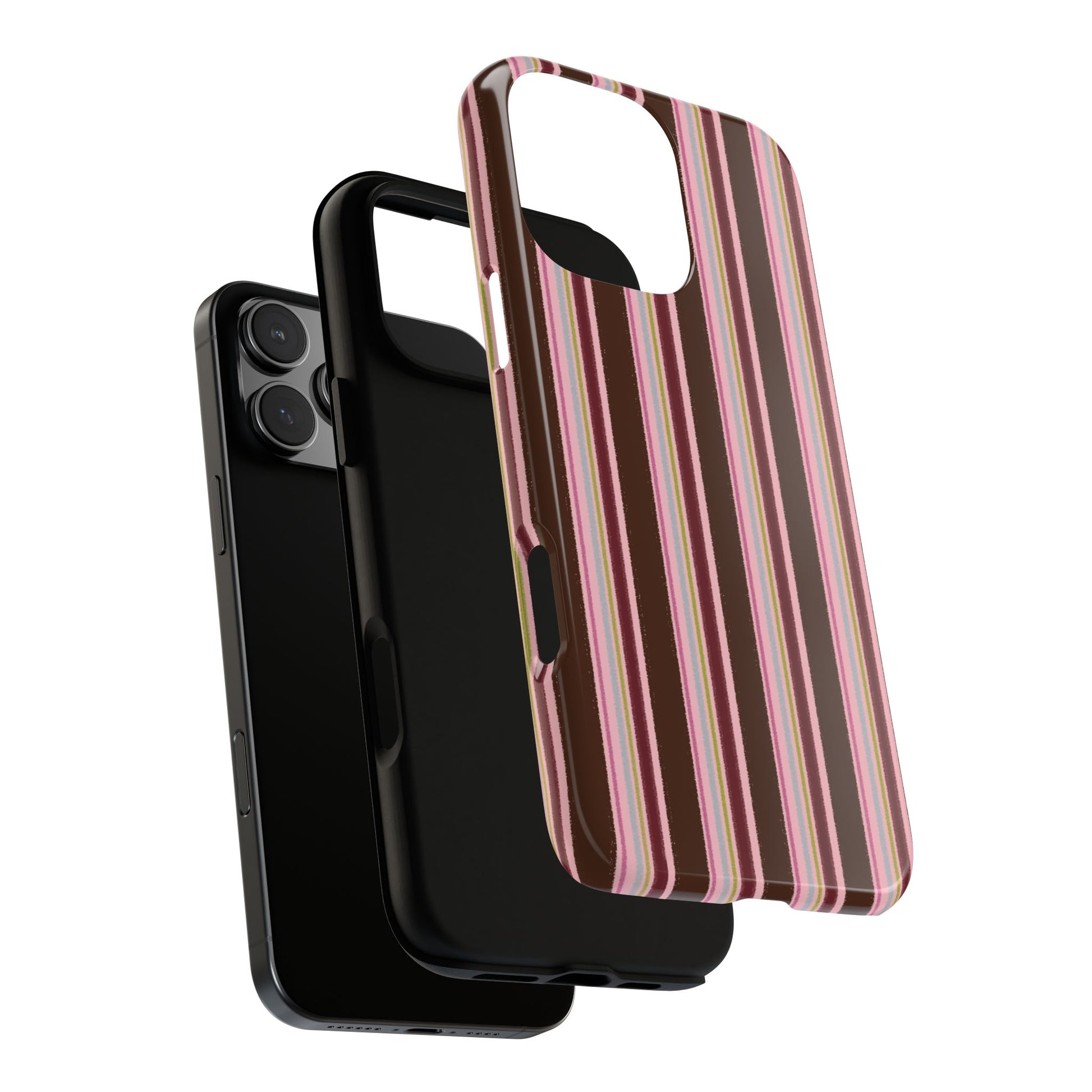 Brown and pink vertical striped iPhone tough case with retro vintage aesthetic on iPhone Pro model

