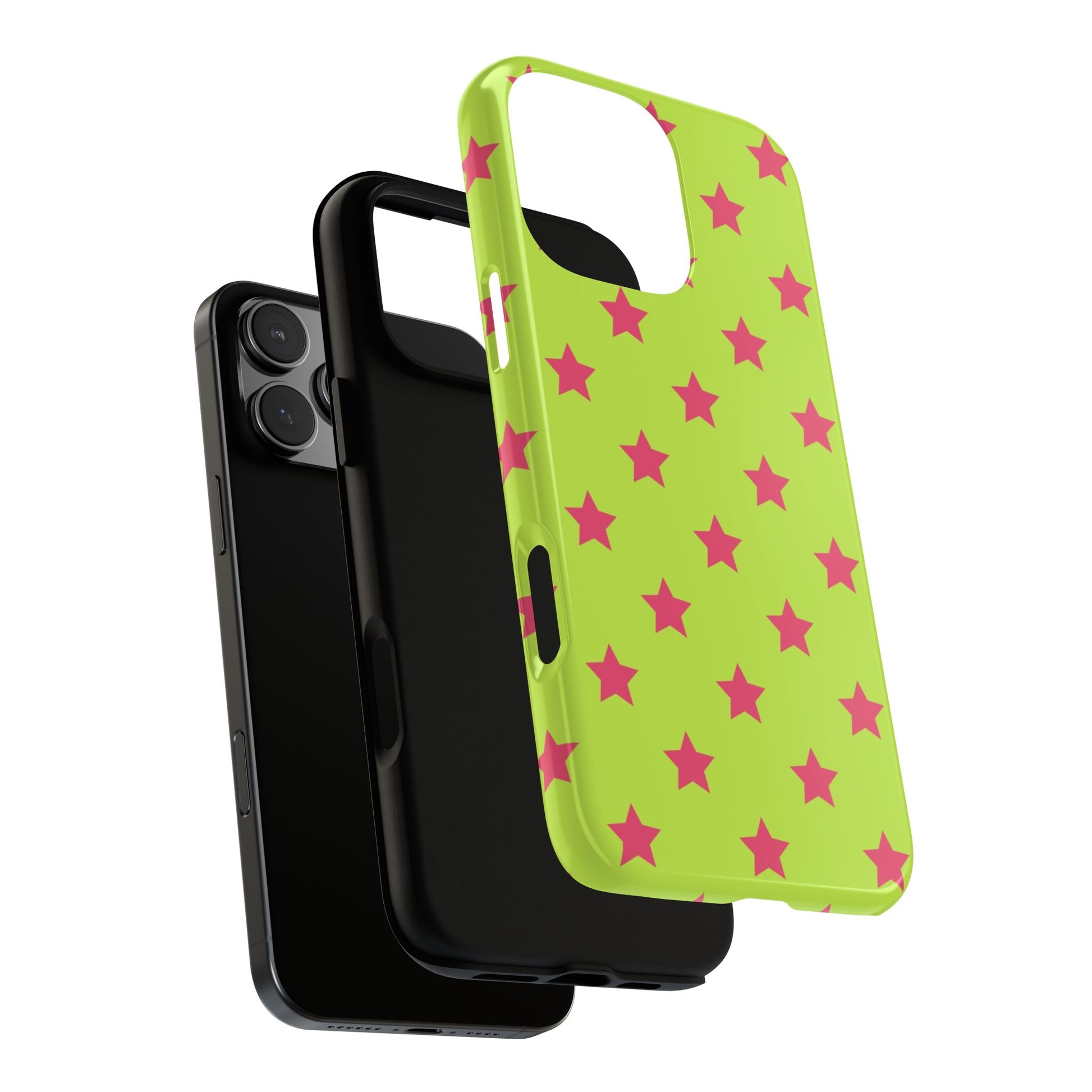 Lime green iPhone tough case with scattered hot pink stars – cute Y2K girly aesthetic on iPhone Pro model
