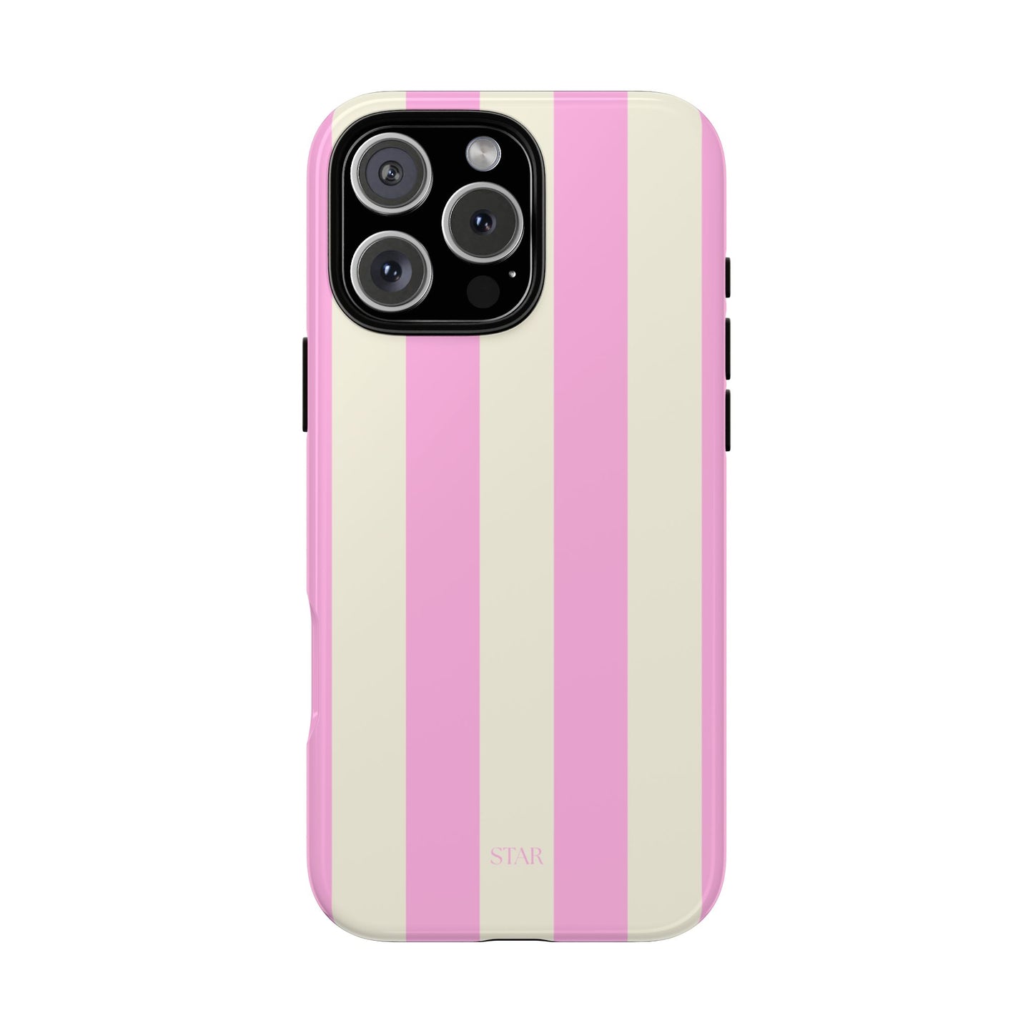 Pink and cream vertical cabana striped iPhone tough case with “STAR” text – cute preppy aesthetic on iPhone Pro model

