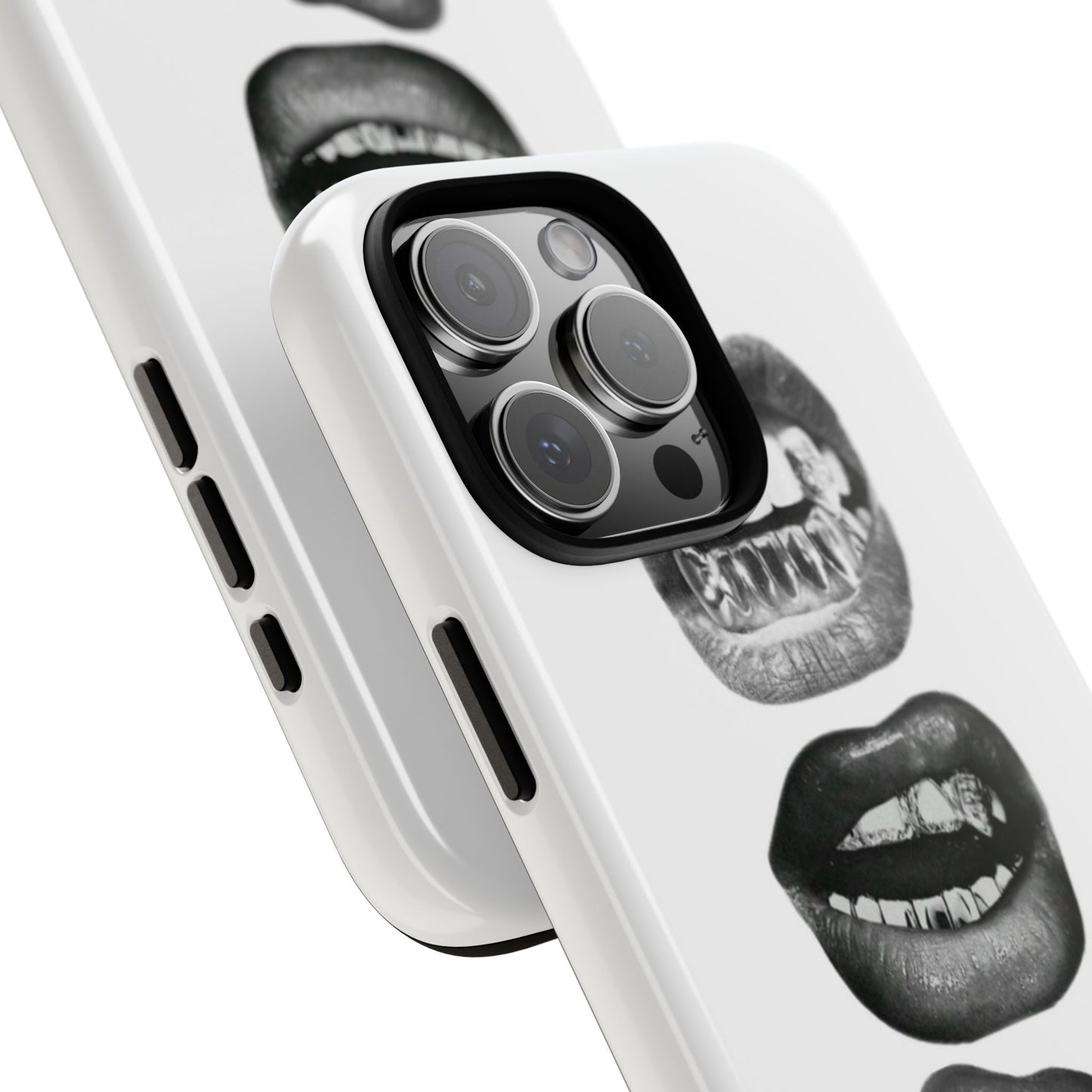 Edgy bite me grillz lips iPhone tough case with stacked black glossy lips biting and silver teeth grills Y2K aesthetic
