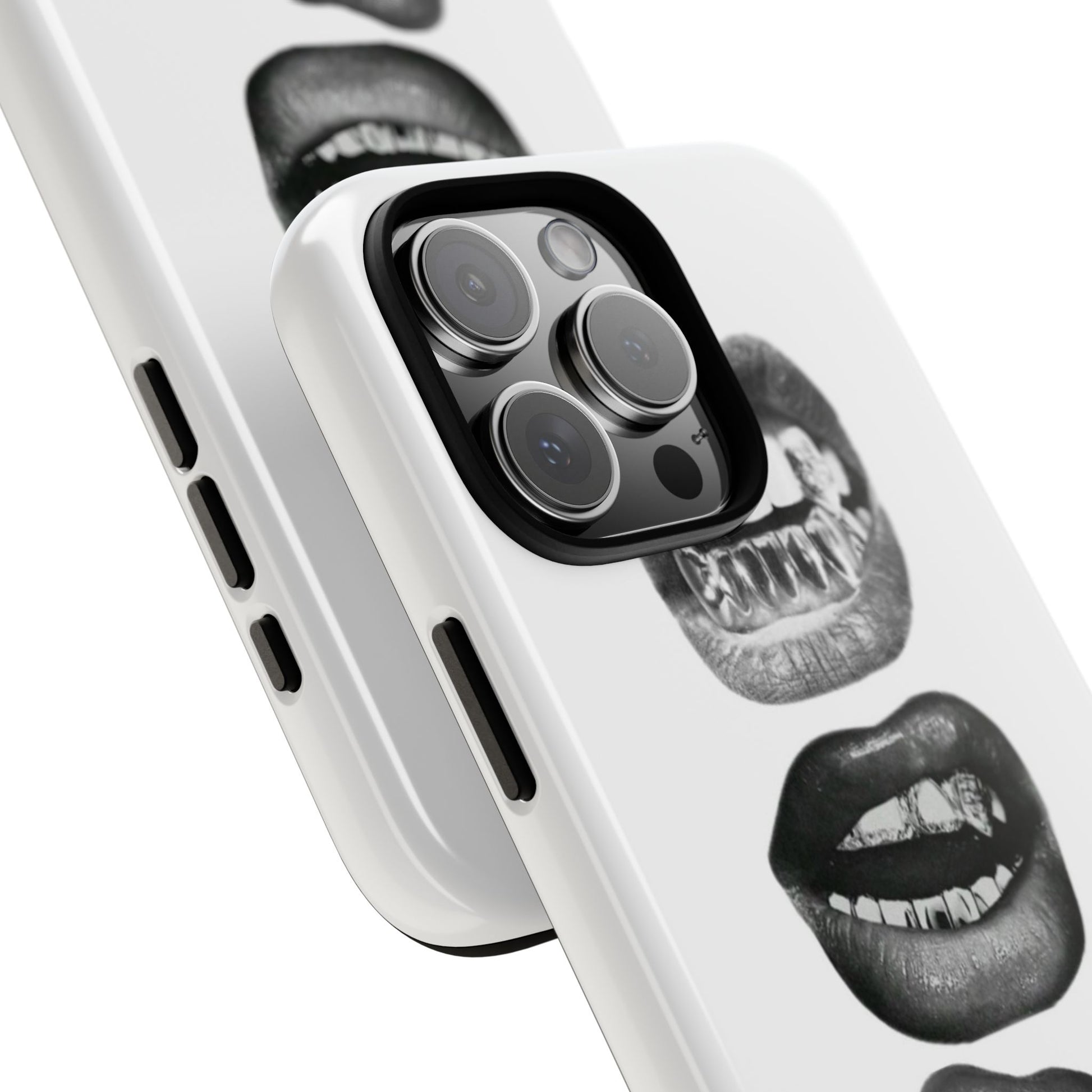 Edgy bite me grillz lips iPhone tough case with stacked black glossy lips biting and silver teeth grills Y2K aesthetic
