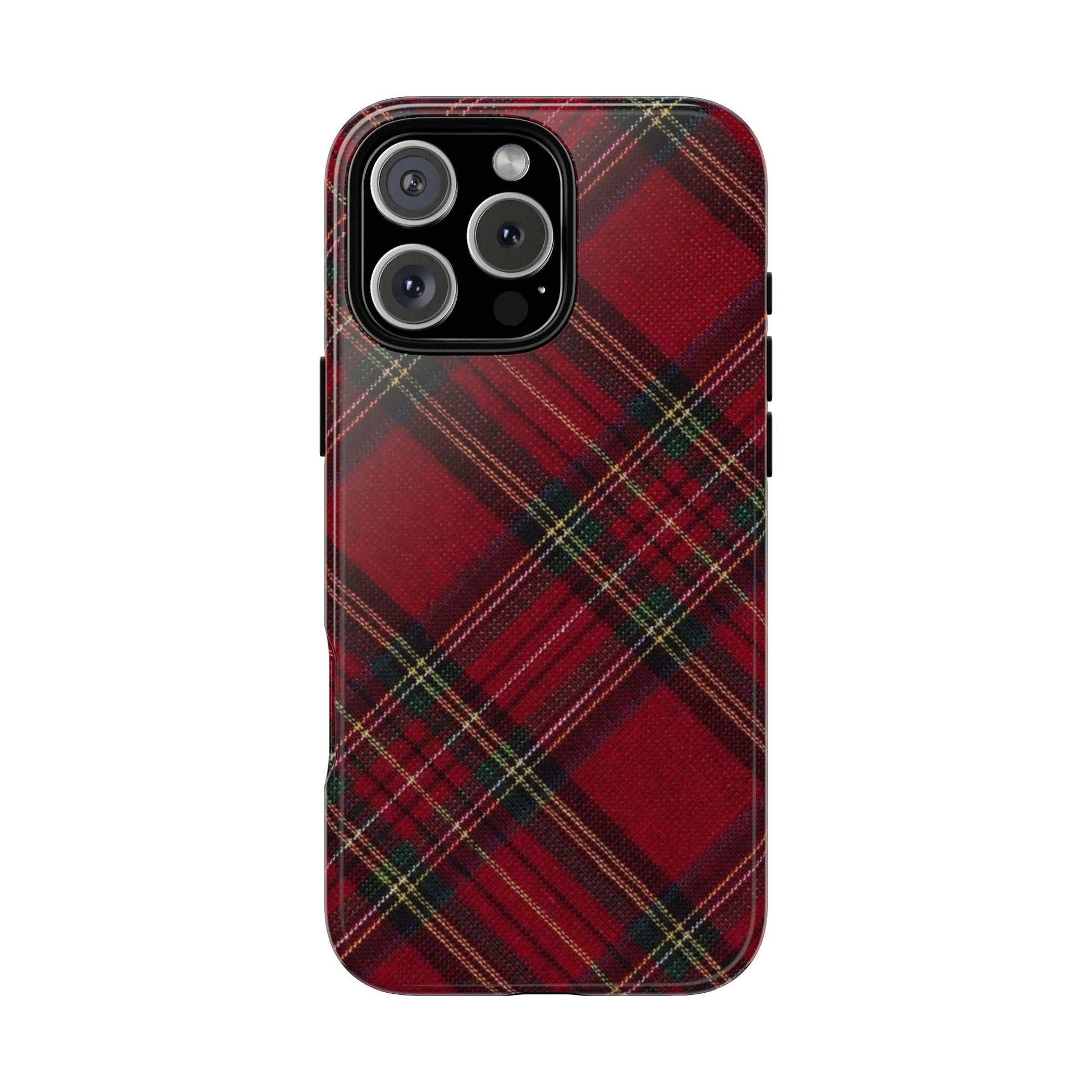 Classic red tartan plaid iPhone tough case with Scottish Christmas aesthetic on iPhone Pro model
