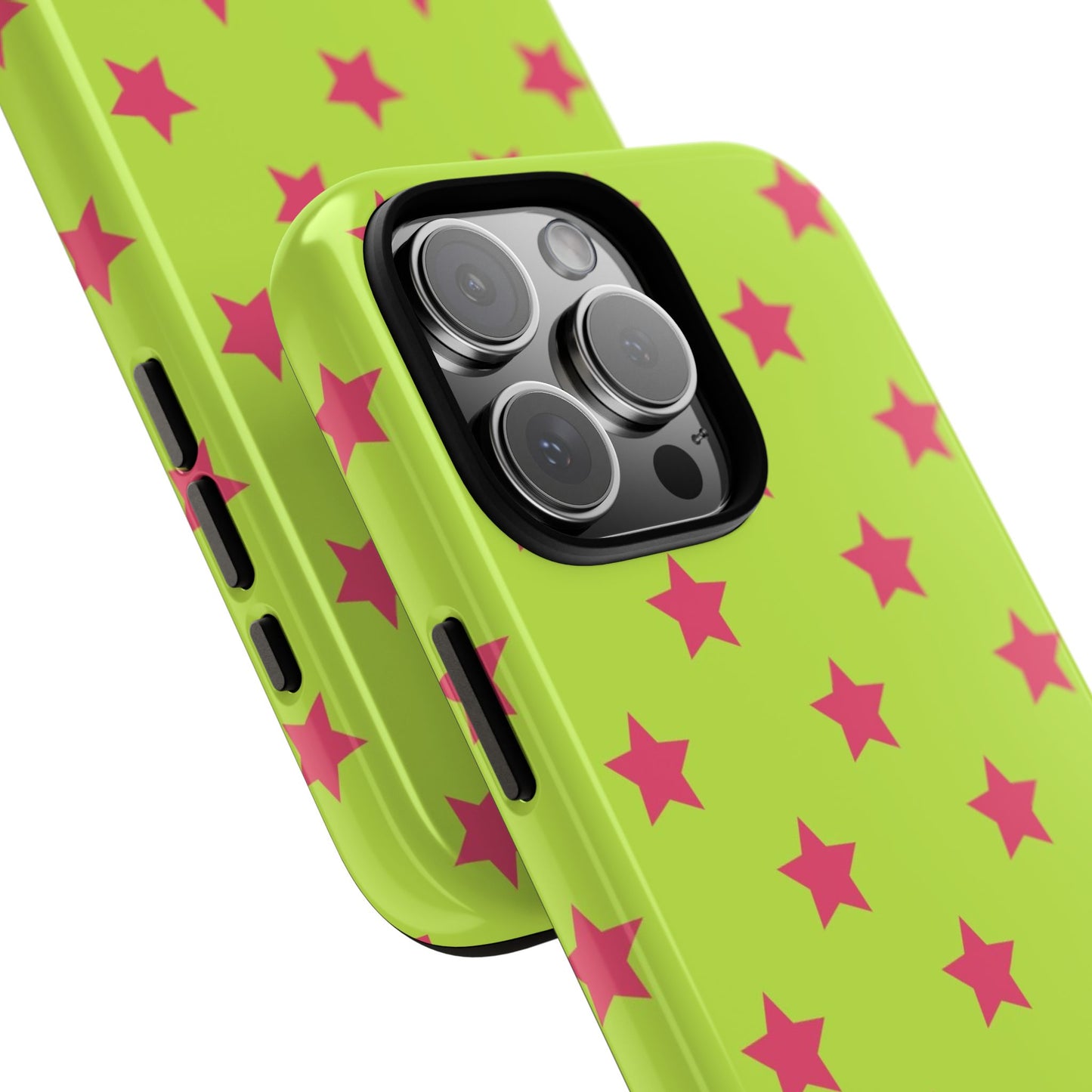 Lime green iPhone tough case with scattered hot pink stars – cute Y2K girly aesthetic on iPhone Pro model
