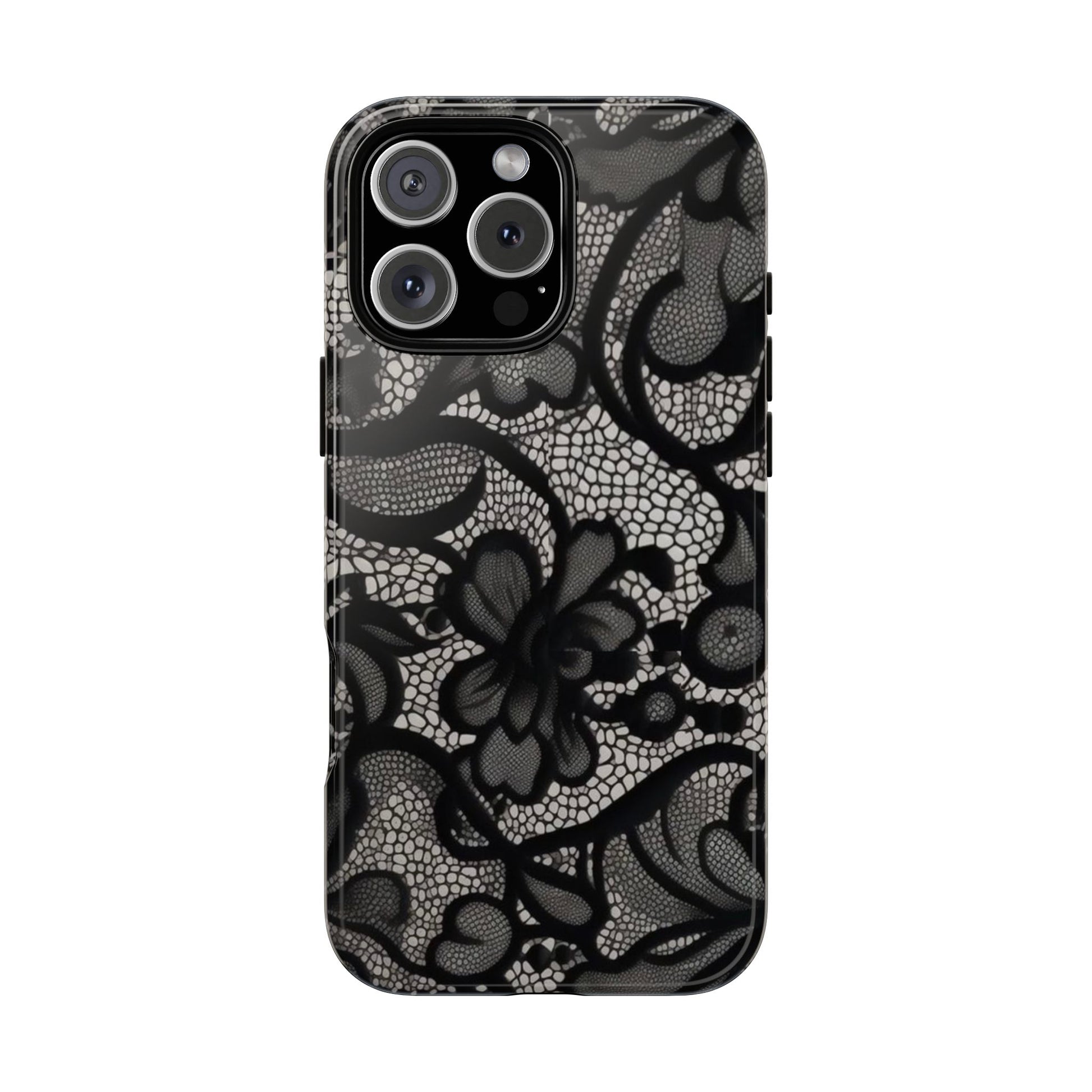 Black floral lace iPhone tough case with elegant gothic Victorian aesthetic on iPhone Pro model

