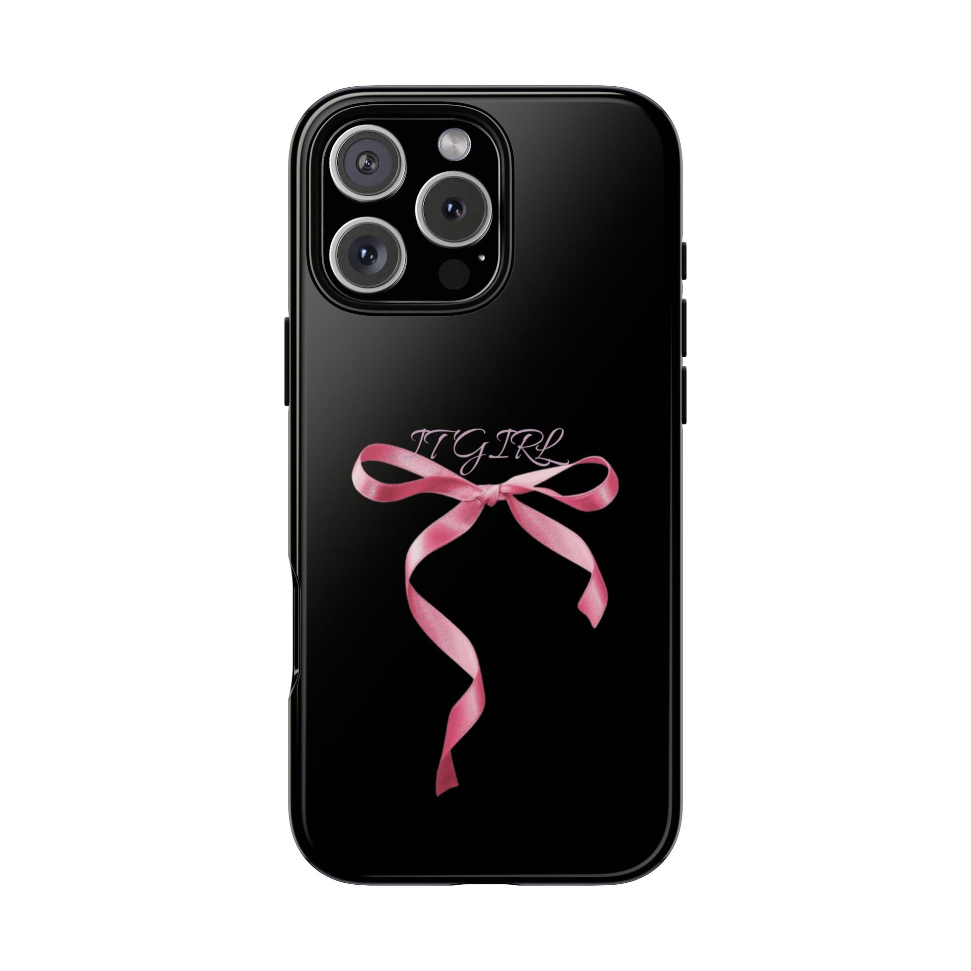 Black iPhone tough case with pink satin bow and “IT GIRL” text – coquette girly aesthetic on iPhone Pro model

