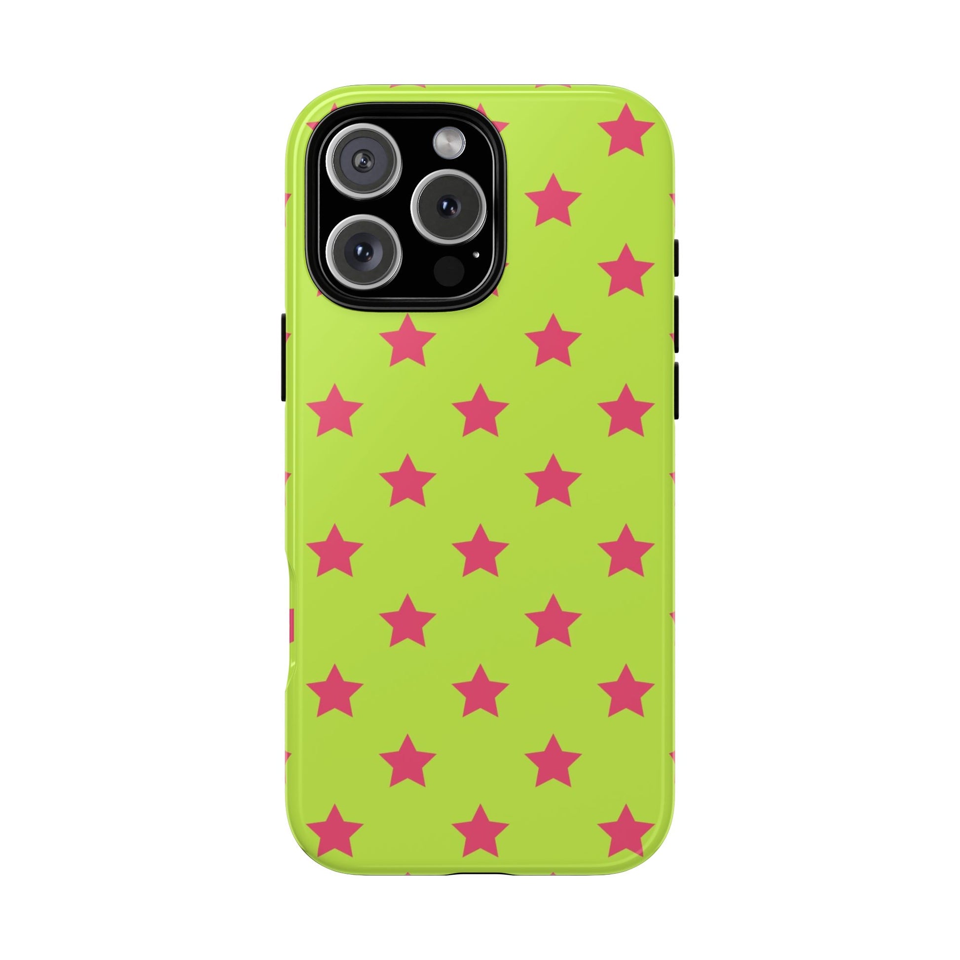 Lime green iPhone tough case with scattered hot pink stars – cute Y2K girly aesthetic on iPhone Pro model
