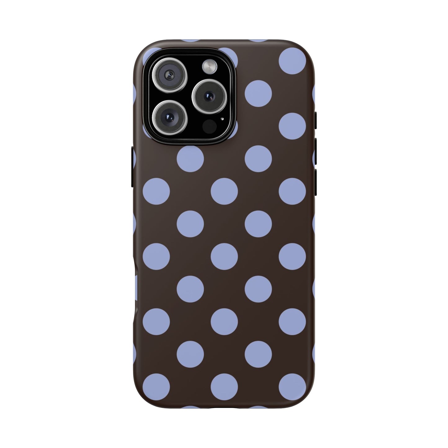 Chocolate brown iPhone tough case with light blue polka dots – cute preppy retro aesthetic on iPhone Pro model

