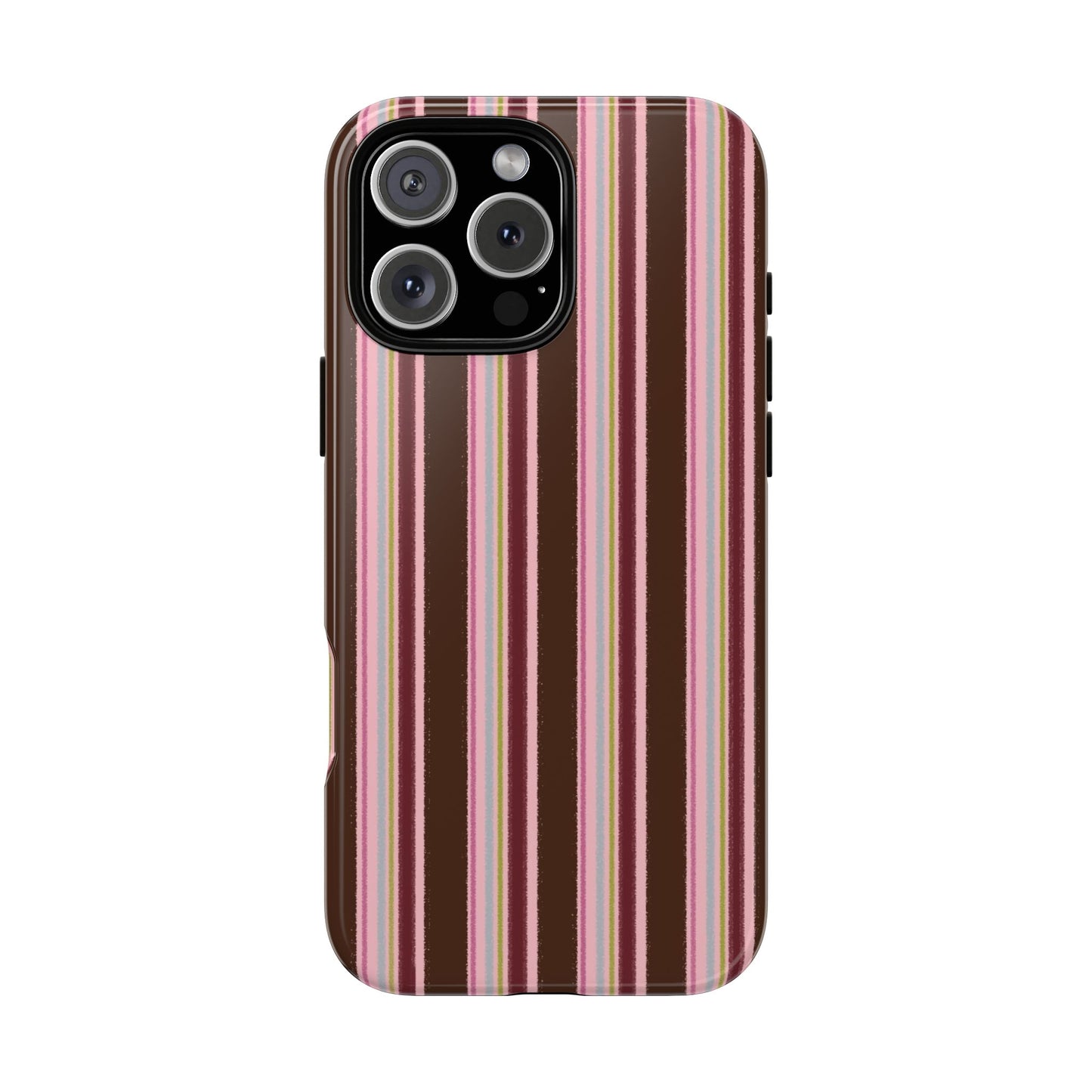 Brown and pink vertical striped iPhone tough case with retro vintage aesthetic on iPhone Pro model
