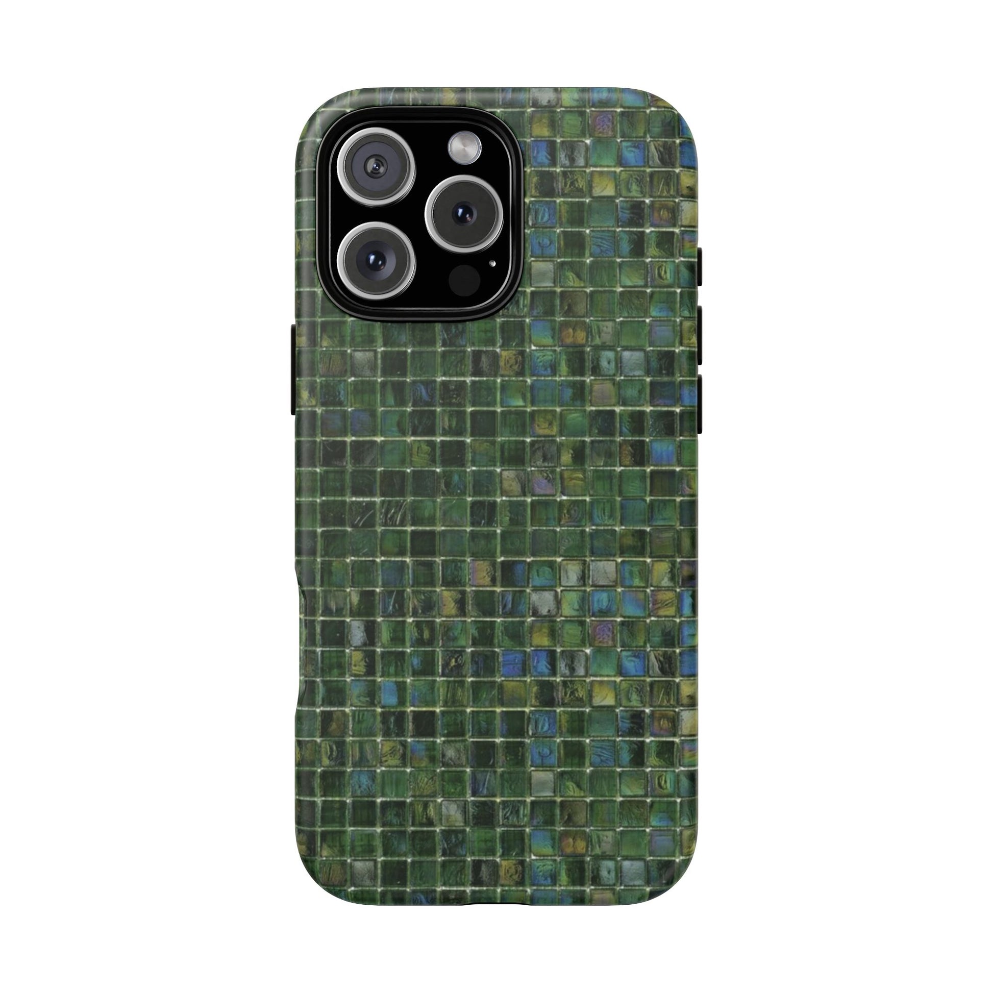Emerald green iridescent mosaic tile iPhone tough case with luxe aesthetic on iPhone Pro model

