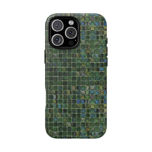 Emerald green iridescent mosaic tile iPhone tough case with luxe aesthetic on iPhone Pro model

