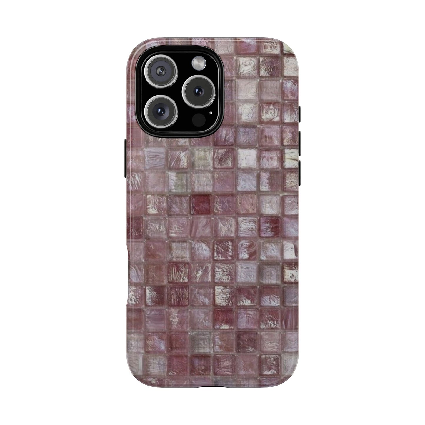 Soft pink patchwork floral iPhone tough case with vintage quilt aesthetic on iPhone Pro model

