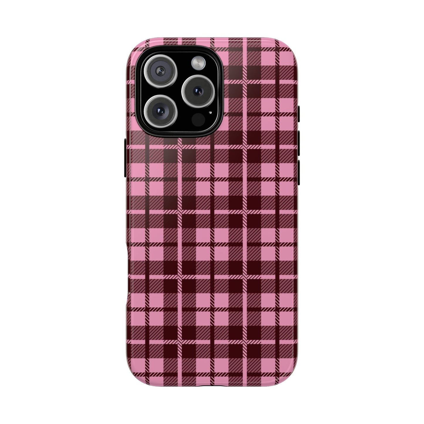 Cute pink purple plaid iPhone tough case with girly preppy tartan aesthetic design