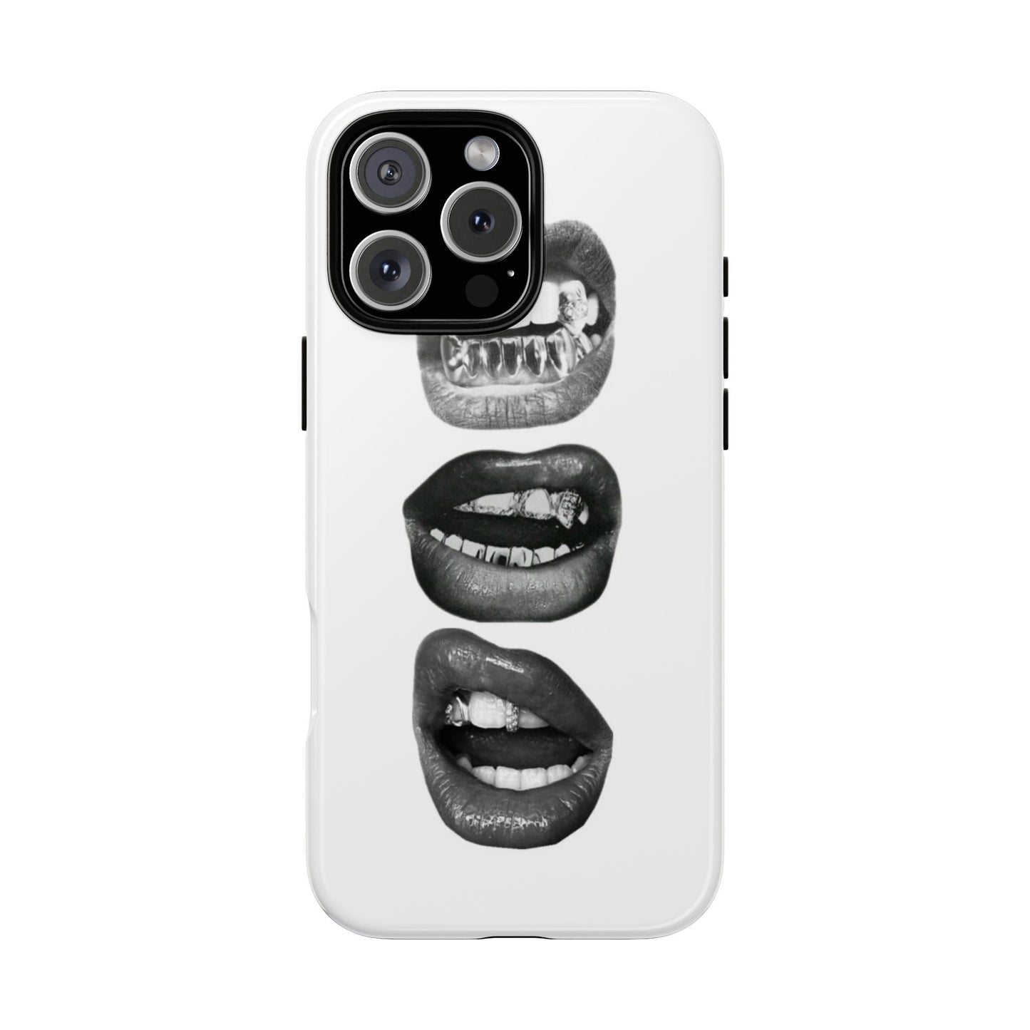 Edgy bite me grillz lips iPhone tough case with stacked black glossy lips biting and silver teeth grills Y2K aesthetic
